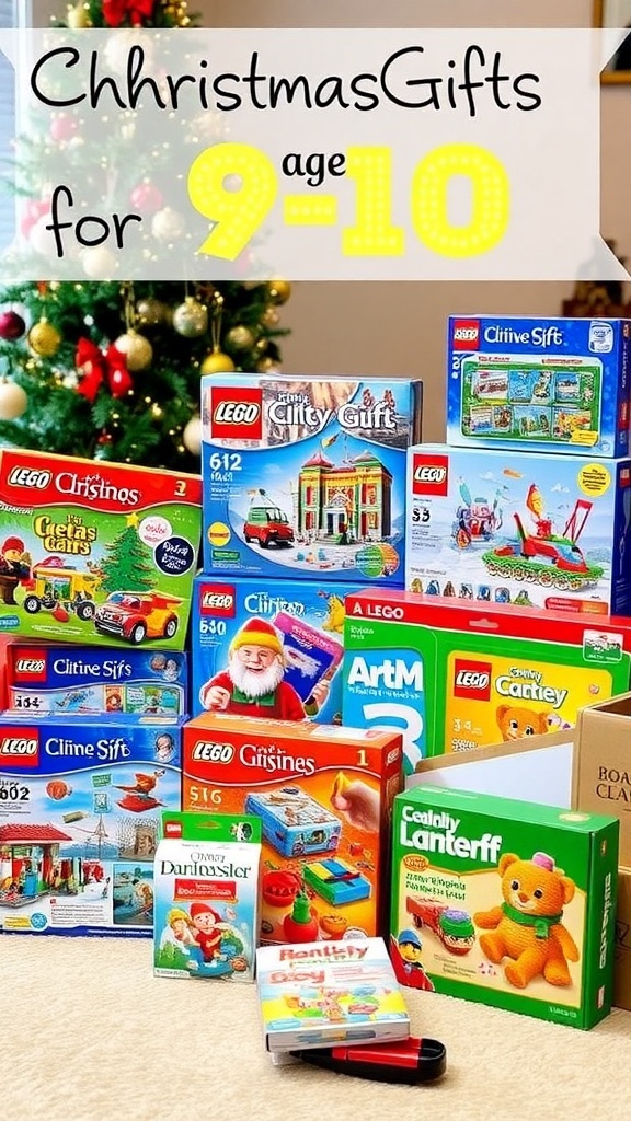 A collection of Christmas gifts for kids including LEGO, art supplies, and board games under a Christmas tree.